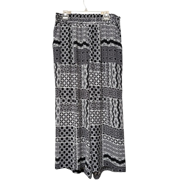 ROSE + OLIVE Black White Print Wide Leg Pants Size XL Elastic Waist Soft BOHO - Picture 1 of 7